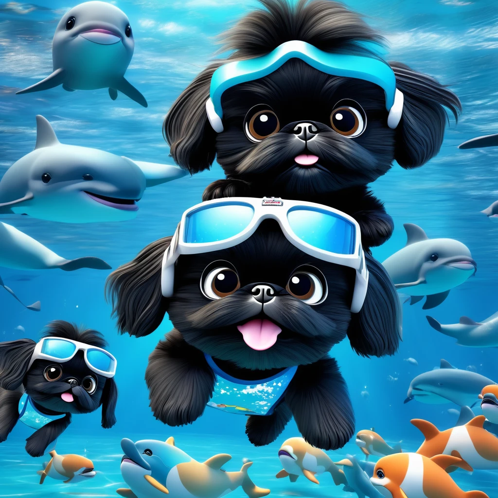 2 Adorable small black Shih Tzu puppies wearing bright goggles swimming with dolphins Disney background 3d cartoon 3d render disney pixar style