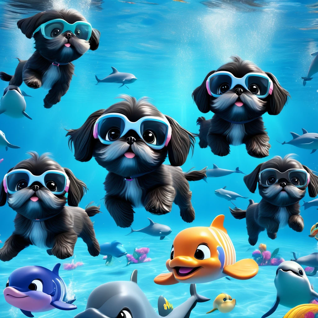 2 Adorable small black Shih Tzu puppies wearing bright sunglasses washing car Disney background 3d cartoon 3d render disney pixar style