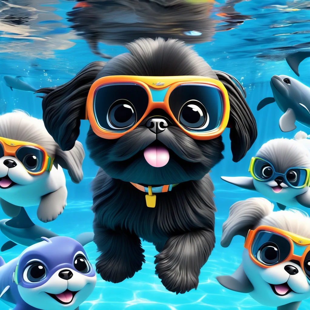 2 Adorable small black Shih Tzu puppies wearing bright sunglasses running on beach Disney background 3d cartoon 3d render disney pixar style