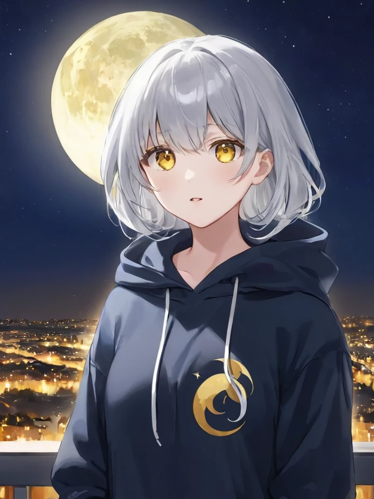 Silver hair, golden eyes, moon, night, hoodie, mash