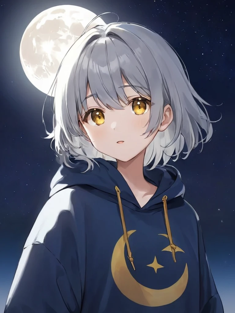 Silver hair, golden eyes, moon, night, hoodie, mash