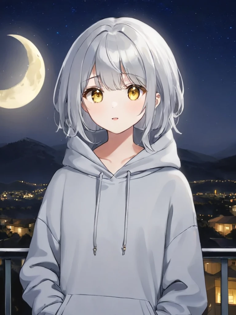 Silver hair, golden eyes, moon, night, hoodie, mash