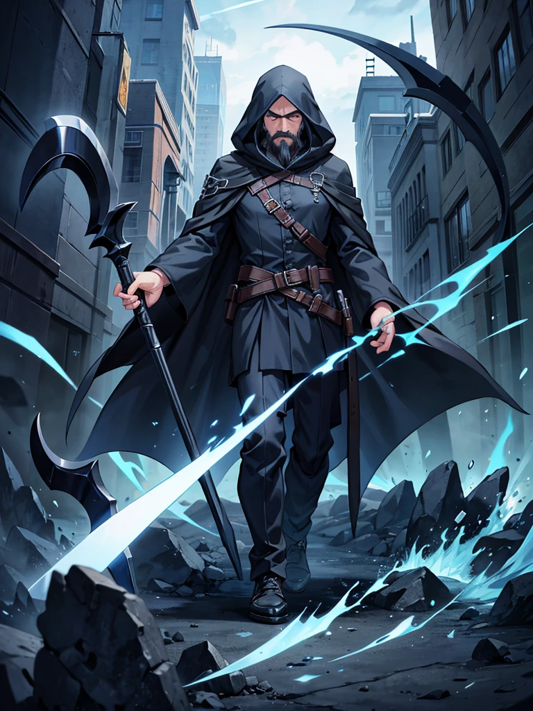 middle age man, black hair, black beard reaching middle of chest, blue cloak and hood, grim reaper aura, black aura, scythe