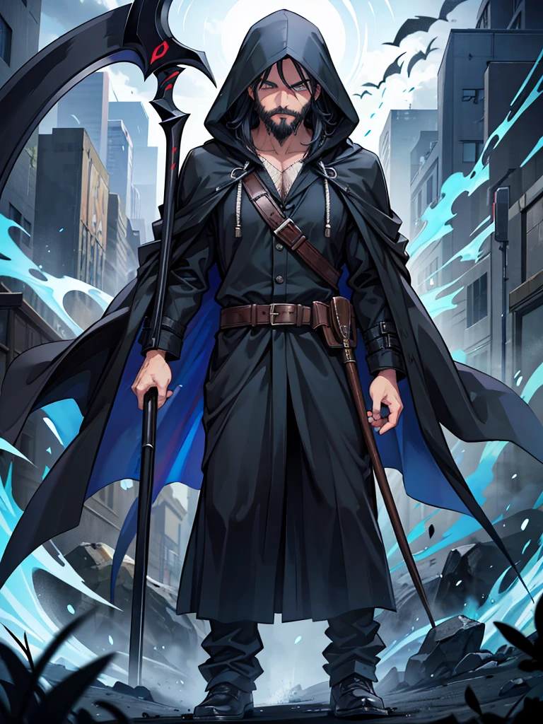 middle age man, black hair, black beard reaching middle of chest, blue cloak and hood, grim reaper aura, black aura, scythe