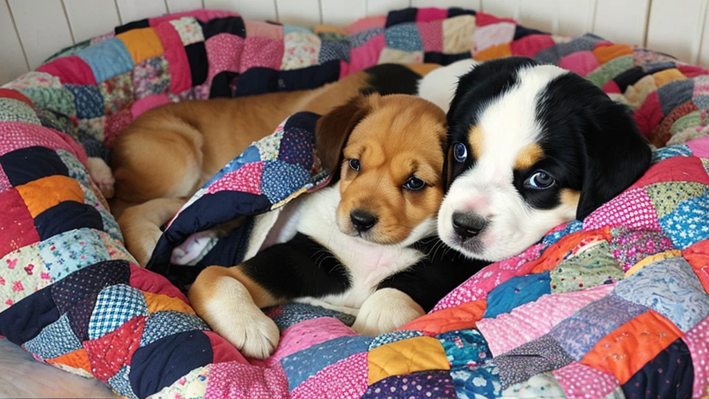 Create an image of a puppy made entirely of a patchwork quilt, curled up asleep inside a patchwork quilt.