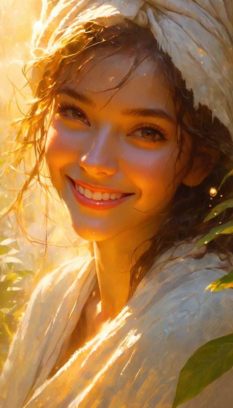 (soak:1.5) hot spa, fantasy, (nature:1.3), rock, (sun:1.5), fog, girl, smile, towel, flat illustration, close-up, masterpiece, best-quality, high-definition, ultra-detailed, highest-resolution, intricate,(art inspired by Bill Sienkiewicz, intricate details, oil painting)