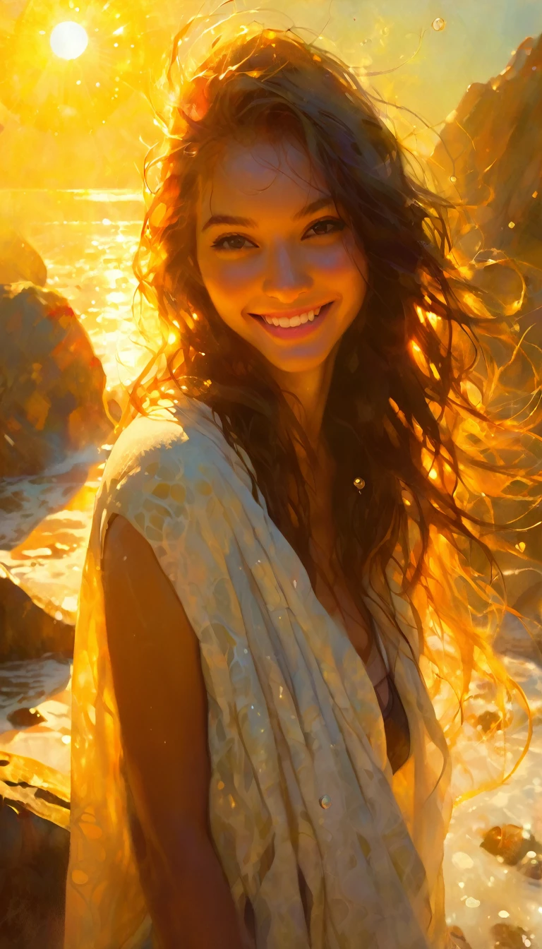 (soak:1.5) hot spa, fantasy, (nature:1.3), rock, (sun:1.5), fog, girl, smile, towel, flat illustration, close-up, masterpiece, best-quality, high-definition, ultra-detailed, highest-resolution, intricate,(art inspired by Bill Sienkiewicz, intricate details, oil painting)