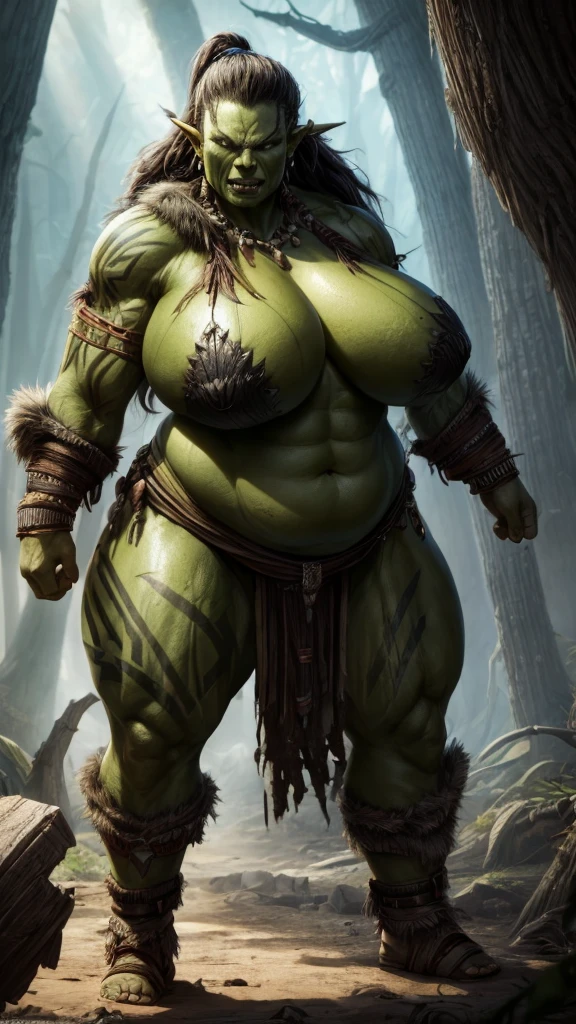 Young orc woman (big fangs), female orc, (green skin) , fearsome, dirty skin and hair, dirty linen and leather clothes, big saggy breasts, skin imperfections, skin dentation, bone jewelry, forest background, natural lighting, tribal tattoos, muscular, big body, highly detailed, 8k, photorealistic, dramatic lighting, cinematic, fantasy art, ultra high quality, sharp Focus, orczor, different poses, chubby ,full body shot