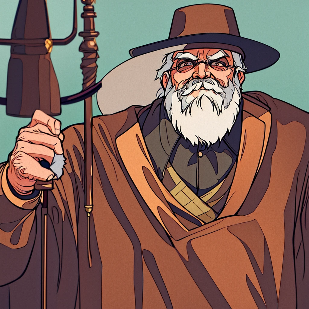 Create a photo of an elderly man. He wears a brown suit complete with hat, well groomed beard, and holds a cane. Despite being old, He continues with an imposing posture