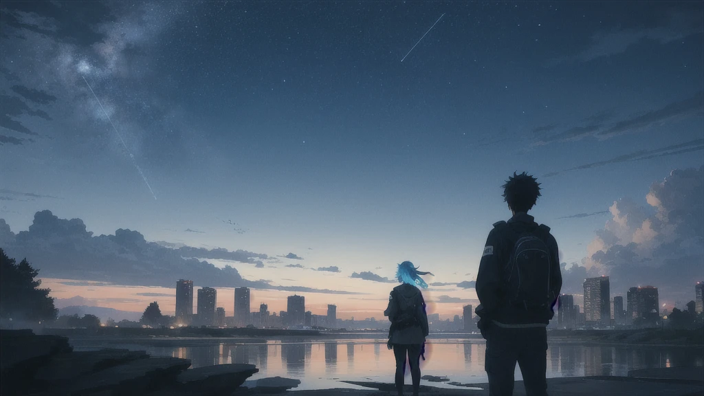 真っ暗なnight空,Octane, star (null), scenery, Blue parakeet,The acoustic guitar is in front of the body.,star, night, A girl and a boy standing back to back, Back view, alone, Outdoor, city,river,Blue parakeet,building, cloud, 天のriver,silhouette