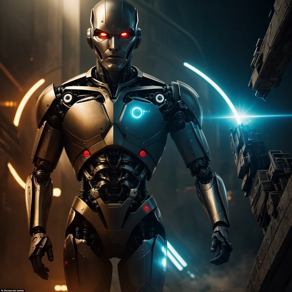 Intensely the film, a captivating poster. The composition exudes cinematic lighting and color gradation. Show the face of a Cyborg man, half of the face of a man and half of the face of a robot. With a futuristic atmosphere, with flashy lights.