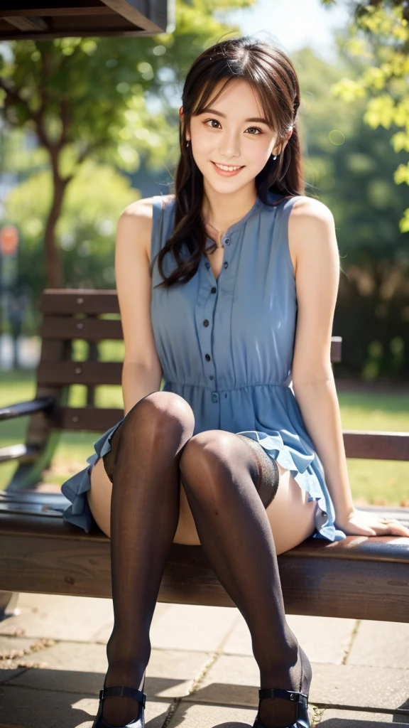 ulzzang -6500-v1.1, (Raw photo:1.2), (Photorealsitic), a beautiful detailed girl, (Real: 1.4), extremely detailed eye and face, beatiful detailed eyes, ((Neat and clean dress、sitting on a park bench))、((Ultra-realistic stockings:1.2)), Skirt and thighs、huge filesize, hight resolution, ighly detailed, top-quality, [​masterpiece:1.6], illustratio, ighly detailed, nffsw, finely detail, top-quality, 8k wallpaper, Cinematographic lighting, 1girl in, 17 age, perfect body type, cute droopy eyes beautiful big eyes、Pieckfinger, ((masutepiece)), Best Quality, 1girl in, eye shadow, Upper body, Portrait, ((FULL BODYSHOT:1.4))、(Very affectionate smile:1.2)、realistic skin textures、shinny skin、Exposed thighs!!!