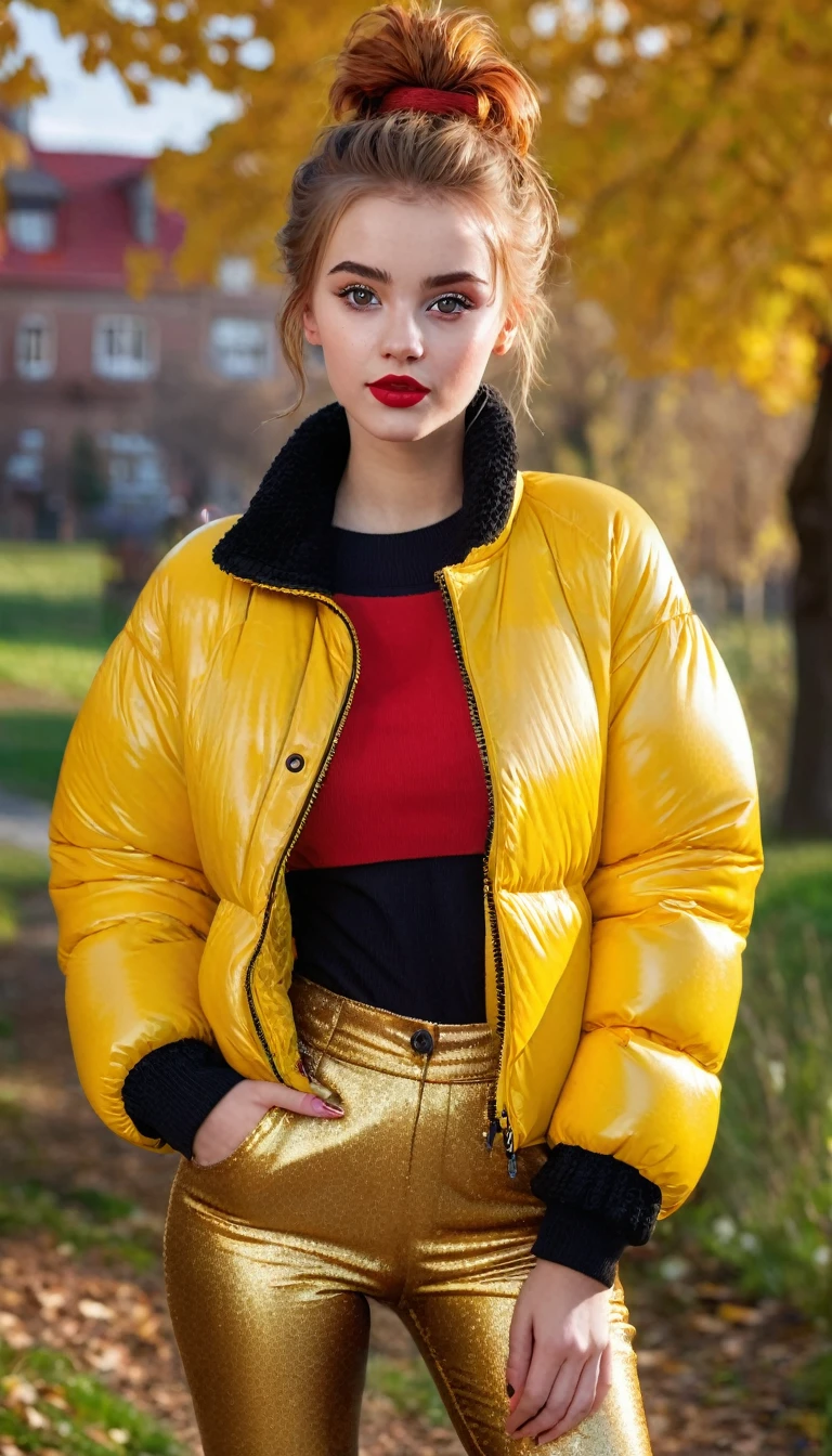 ultrarealistic high quality fullbody photo of a beautiful slim european girl with cute hyperdetailed shy face and natural redhead short messy bun and mischievous face, realistic round hazel eyes, red lips, dark eye makeup with eyeliner, wearing shiny yellow puffer jacket and faux leather leggins, hourglass body, outdoor shooting
