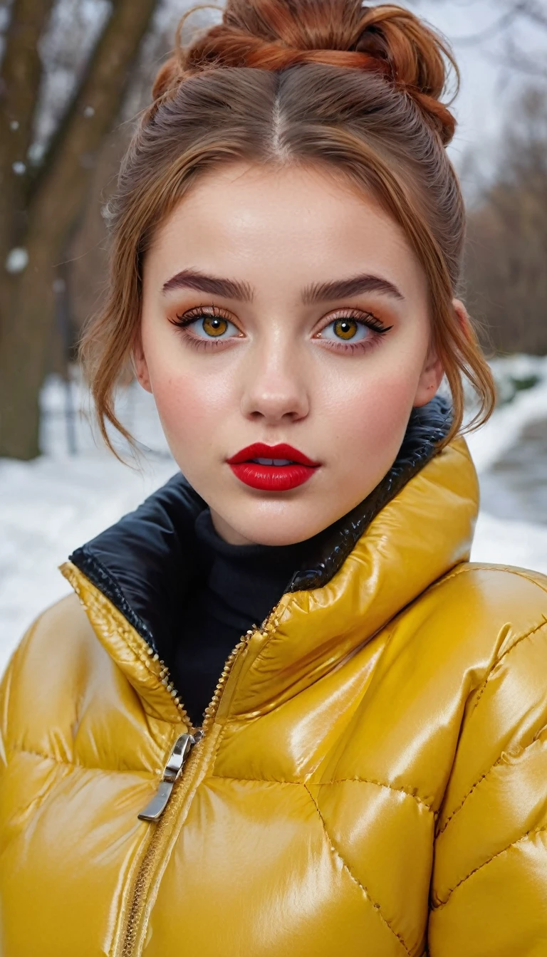 ultrarealistic high quality fullbody photo of a beautiful slim european teen girl with cute hyperdetailed shy face and natural redhead short messy bun and mischievous face, realistic round hazel eyes, red lips, dark eye makeup with eyeliner, wearing shiny yellow puffer jacket and faux leather leggins, hourglass body, outdoor shooting