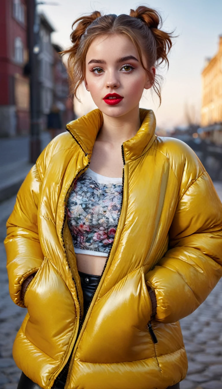 ultrarealistic high quality fullbody photo of a beautiful slim european girl with cute hyperdetailed shy face and natural redhead short messy bun and mischievous face, realistic round hazel eyes, red lips, dark eye makeup with eyeliner, wearing shiny yellow puffer jacket and faux leather leggins, hourglass body, outdoor shooting