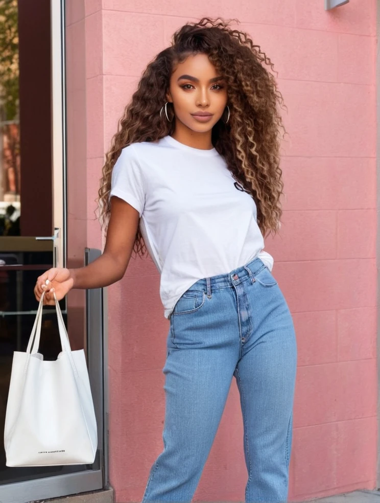 beautiful african, 23 year_old, Fit_Figure,tall_height, with Long_brown_ curly hair, brown_skin, oversized tee-shirt,blue_baggy_jeans, holding a White tote bag,almond eyes, cherry lips,wearing chromed makeup,beautiful natural features posing for Instagram 