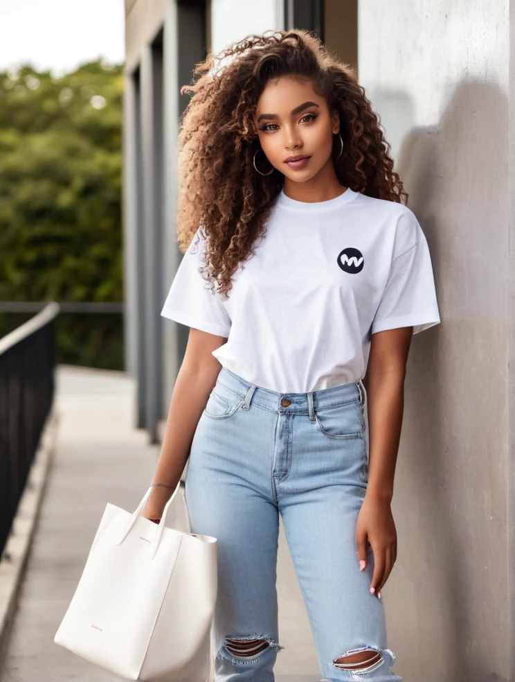 beautiful african, 23 year_old, Fit_Figure,tall_height, with Long_brown_ curly hair, brown_skin, oversized tee-shirt,blue_baggy_jeans, holding a White tote bag,almond eyes, cherry lips,wearing chromed makeup,beautiful natural features posing for Instagram 