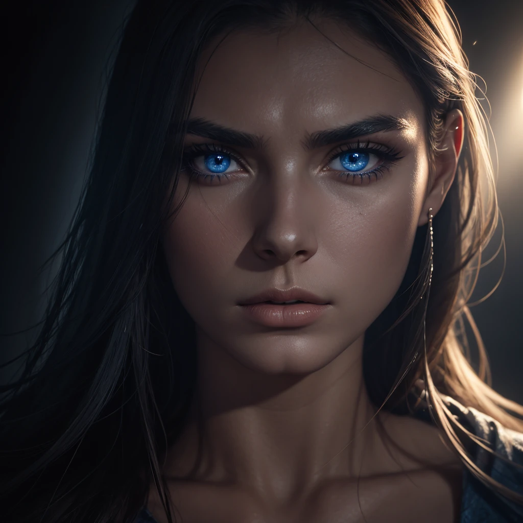 1 woman, striking facial features, deep expressive blue eyes, prominent cheekbones, strong eyebrows, dramatic lighting, chiaroscuro lighting, blurred background, ultra-realistic, 8k, realistic and artistic style, soft skin, intense and captivating mood