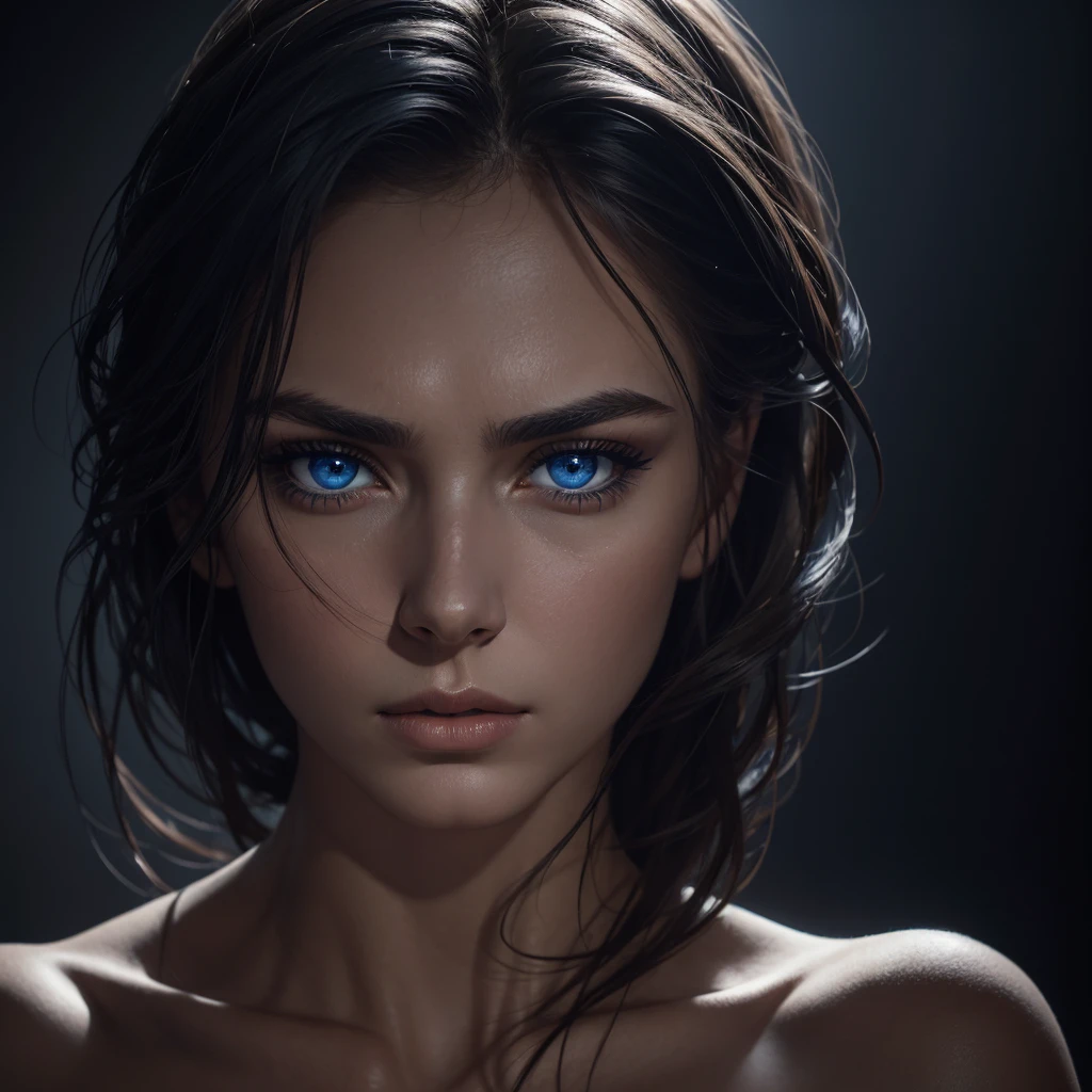 1 woman, striking facial features, deep expressive blue eyes, prominent cheekbones, strong eyebrows, dramatic lighting, chiaroscuro lighting, blurred background, ultra-realistic, 8k, realistic and artistic style, soft skin, intense and captivating mood
