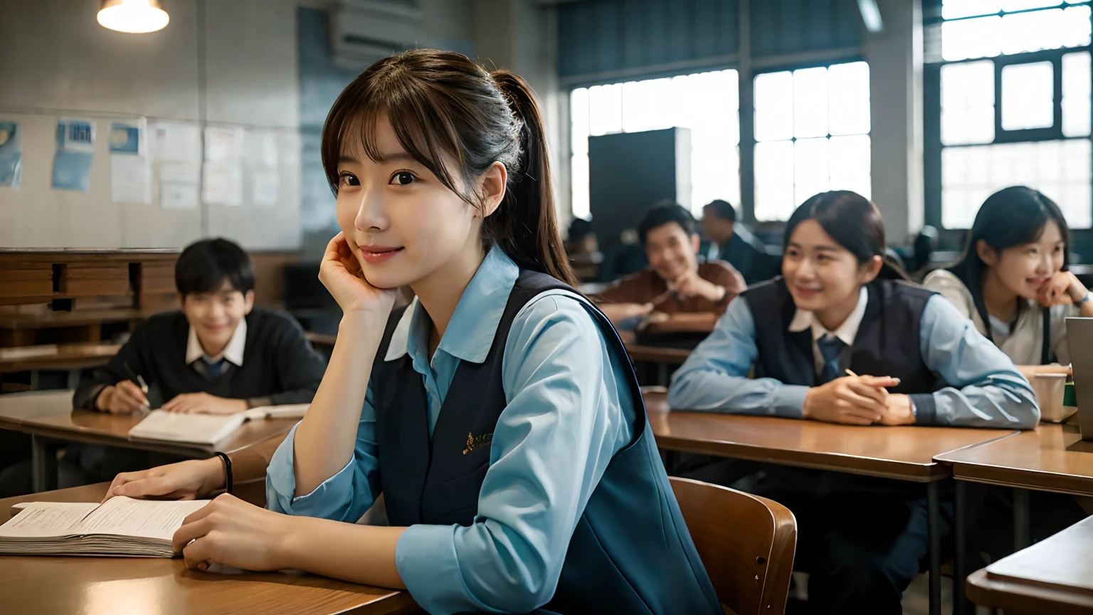 Highest quality、4K,8K、Photorealistic、University professor's lecture、teacher's smile、male