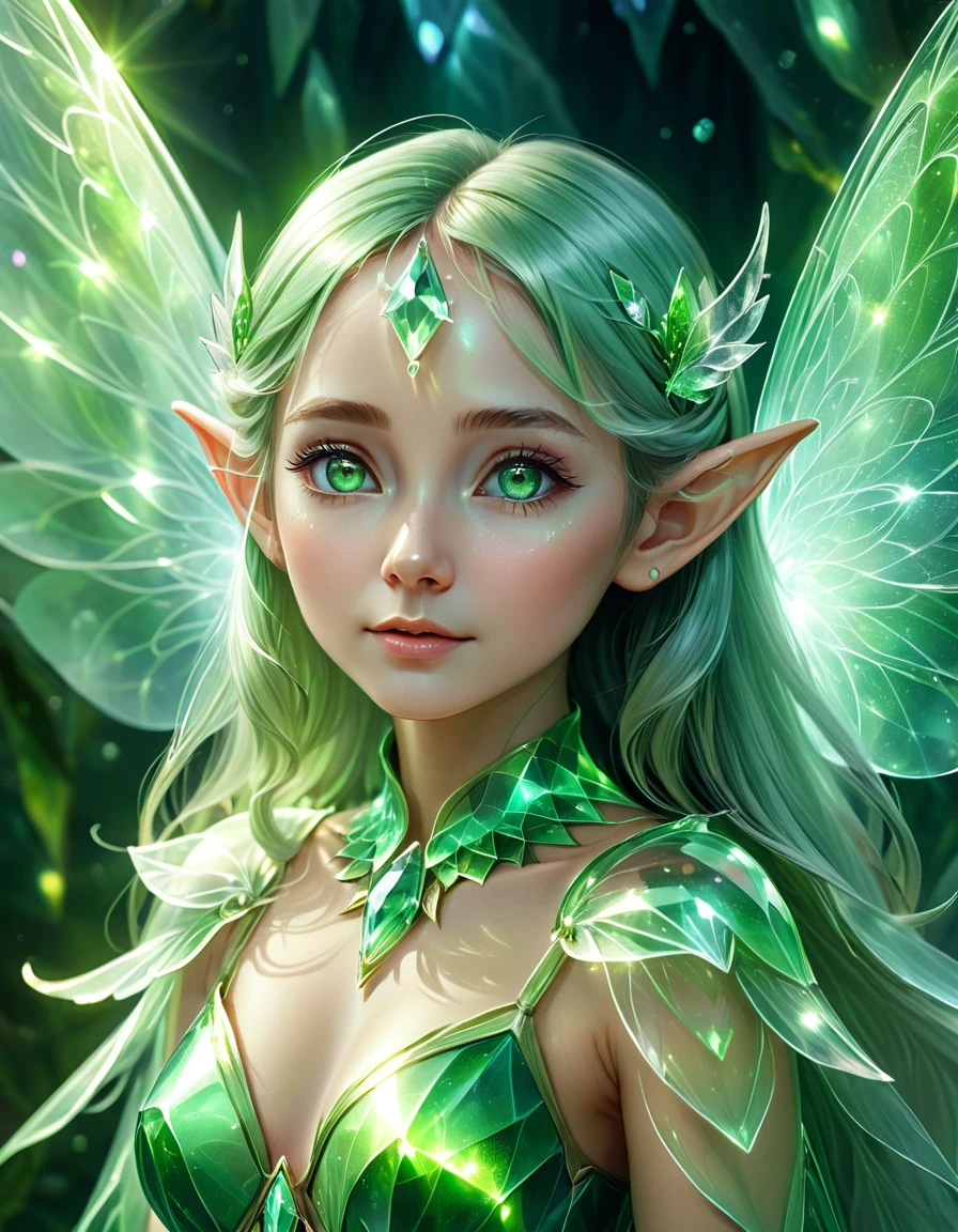 Elf portrait, transparent big wings, pointed ears, more cute. girl, light green crystal costume, crystal theme, ethereal atmosphere, science fiction art, fantasy movie, lighting effect masterpiece、Quality content very detailed beautiful artwork fantasy art behavior，surreal