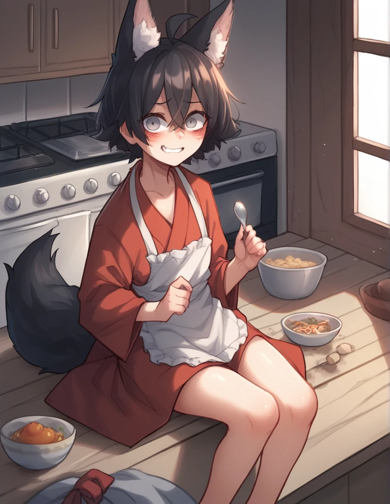 2 girl, alone, ppka, black fur, short hair, messy fur, Ahoge, parts, parts por todo el cuerpo, grey eyes, blind, embarrassed smile, looking at the viewer, embarrassed look, flushed,
Yukata, Yukata Corta, miko komino, white and red kimono, kimono with white and red accessories, brown apron, Maid Apron, apron tied with red ribbon, wooden sandals, japanese geta, fox ears, Fox tail, black tail, fox ears negras, 
Hand a little rough, spoon of soup in hand, 
kitchen, cooking, exposed feet, exposed thighs