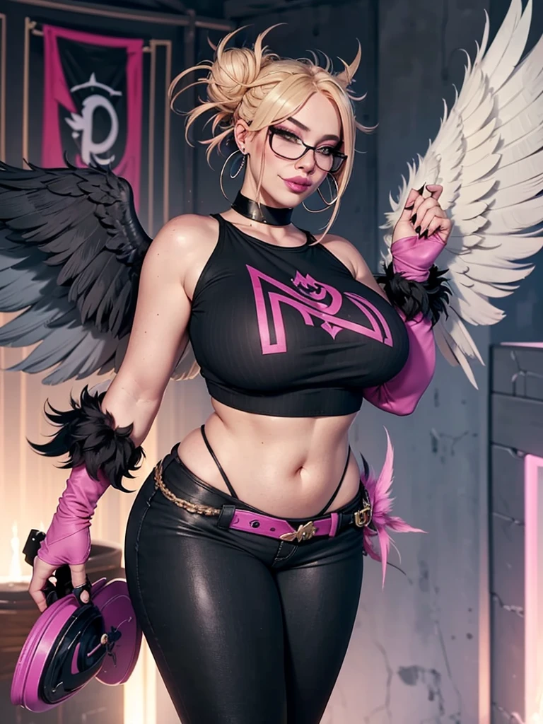 realisticlying,22yo girl,Blonde short、big body, sexy lingerie lace black ,perfect eyes, hair bunches、very very long hair, ultradetailed hair, body nylon sexy, Breasts enlarged、 big body, blonde, woman 1.90 CM,ponytail, ((hair over eyes)),perfect mouth, massive big bounce oppai, WET SKIN, (masterpiece, best quality:1.2), 1girl, solo, city background, haze \(fortnite\), Harpy Haze From fortnite, 1girl, earrings, glasses, hat, jewelry, lips, long hair, looking at viewer, makeup, nail polish, pink eyes, pink hair, pink nails, smile, sunglasses, tinted eyewear, belt, black pants, crop top, eyeshadow, midriff, navel, pants, choker, fingernails, round eyewear, sharp fingernails, standing, black feathers, black headwear, hoop earrings, horned headwear, horns, denim, winged arms, feather trim, star \(symbol\), elbow gloves, dark pink lips, feathers, heels, shoes, angel wings, bangle, black wings, crop top overhang, feathered wings, harpy, low wings, multicolored hair, multicolored wings, pink wings, wings, fingerless gloves, shirt, long fingernails, boater hat, bootcut pants, leather pants, sleeves, black sleeves,massive big bounce oppai,massive big bounce oppai,massive big bounce oppai,