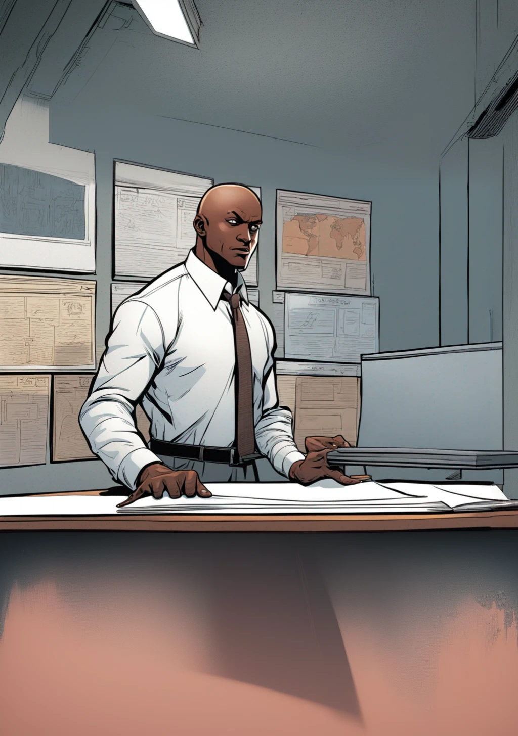 digital color comic style, modern American comic, metal desk, bluish gray wall