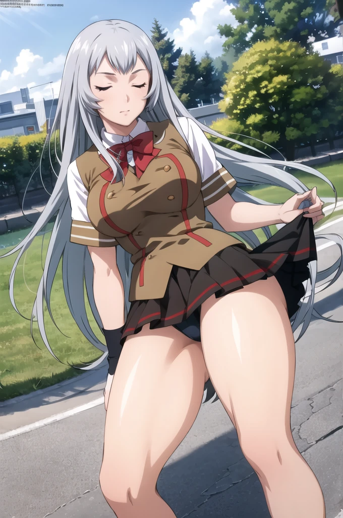 One girl, (masterpiece:1.3), (High resolution), (8K), (Very detailed), (4K), (Pixiv), Perfect Face, Beautiful eyes and face, (Highest quality), (Very detailed), Detailed face and eyes, (alone), Textured skin, Absurd, High resolution, Crown, Very long hair, (close your eyes), , Pleated skirt, mini skirt, Grey Hair, Large , Fingerless gloves, Short sleeve, bow tie, shirt, Best, Outdoor, Are standing, modeling, sexy