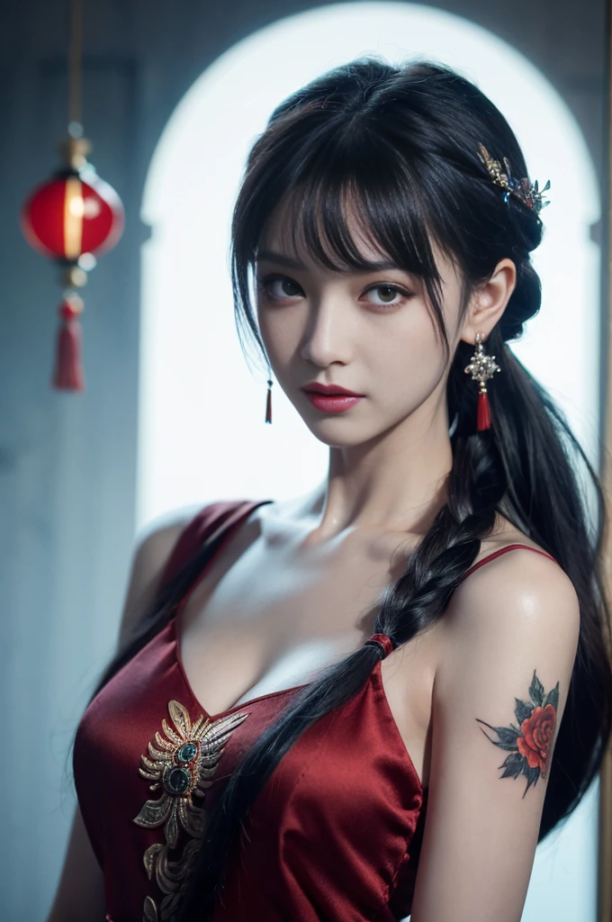 vibrant colors, female, masterpiece, sharp focus, best quality, depth of field, cinematic lighting, white hair, red eyes, braid, dress, long hair, red eyes, tattoo, earrings, jewelry, black dress, hair ornament, bangs, chinese clothes, breasts, china dress, sleeveless,
