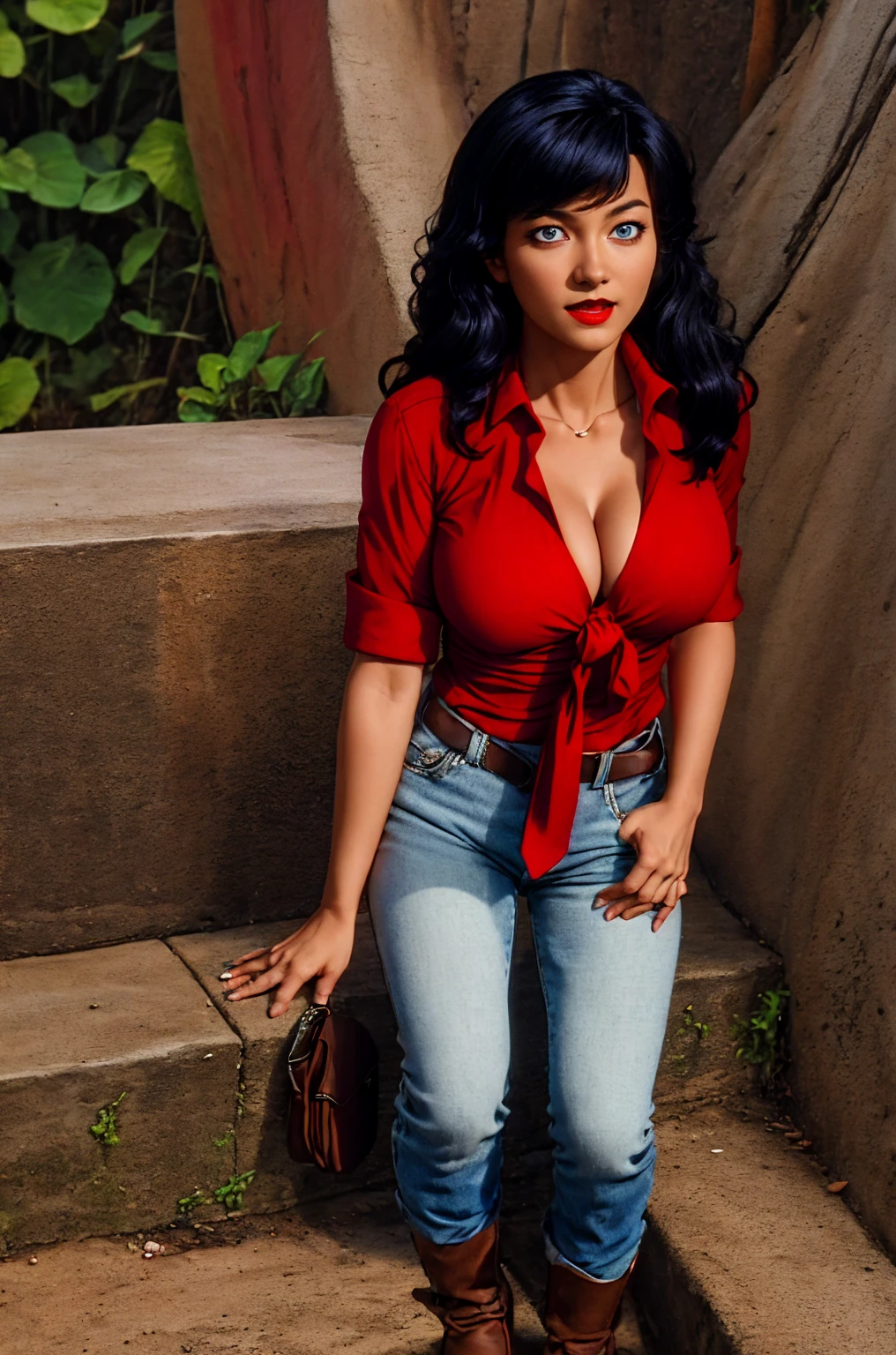 hannah dundee, milf, blue eyes, black hair, long hair, cowboy shot, (red shirt:1.2), front-tied shirt, cleavage, red lips, dark-skinned female, portrait, full body