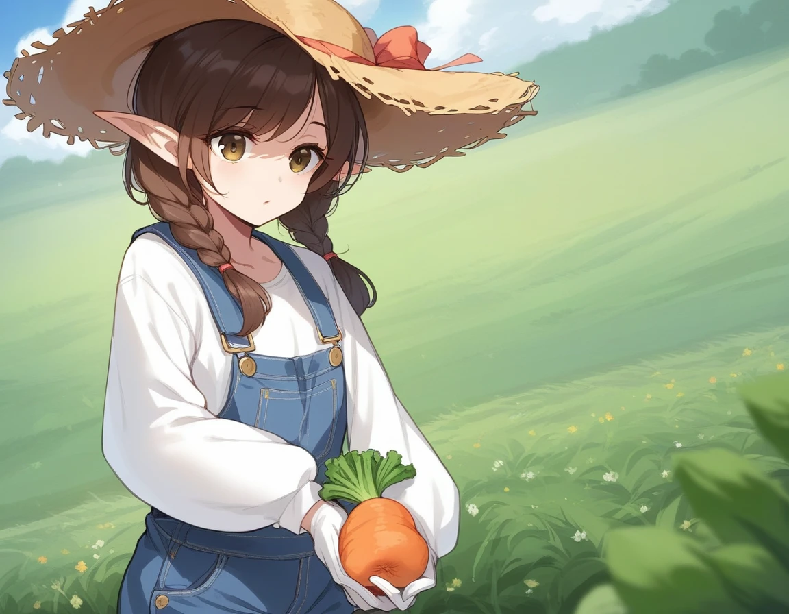 BREAK Perfect Anatomy、(High resolution:1.2)、Incredible illustrations、(Cute illustrations:1.2)、()
(cinematic angle,solo focus,) (Beautiful background(vegetable field),
1girl(brown hair,twin tails) a girl,elf 1.7meters, 45kg,flat chest,
(straw hat,towel around neck,denim overalls,,oversized long sleeve shirt,work gloves)
vegetable field
A girl harvesting cabbages from a cabbage field