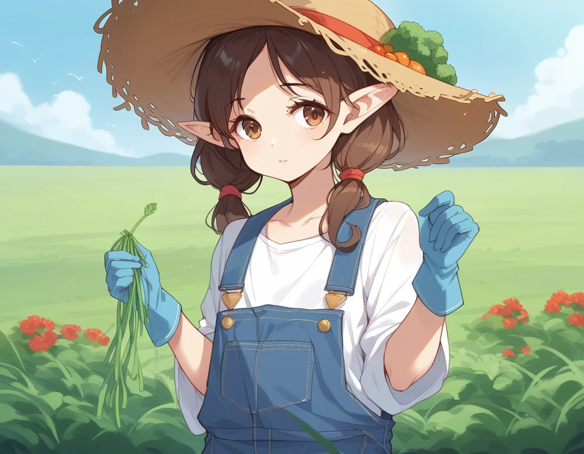 BREAK Perfect Anatomy、(High resolution:1.2)、Incredible illustrations、(Cute illustrations:1.2)、()
(cinematic angle,solo focus,) (Beautiful background(vegetable field),
1girl(brown hair,twin tails) a girl,elf 1.7meters, 45kg,flat chest,
(straw hat,towel around neck,denim overalls,,oversized long sleeve shirt,work gloves)
vegetable field
A girl harvesting cabbages from a cabbage field