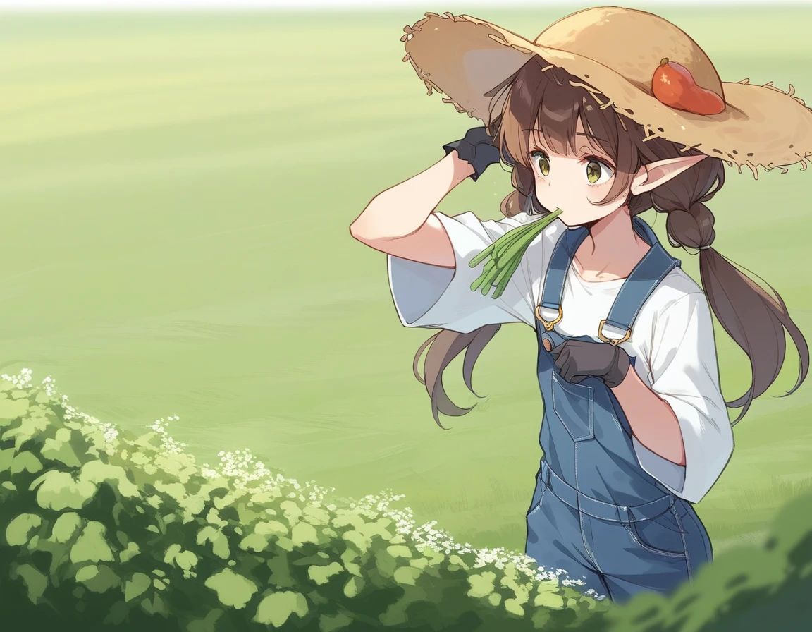 BREAK Perfect Anatomy、(High resolution:1.2)、Incredible illustrations、(Cute illustrations:1.2)、()
(cinematic angle,solo focus,) （Beautiful background（vegetable field),
  1girl(brown hair,twin tails) a girl,elf 1.7meters, 45kg,flat chest,  
  (straw hat,towel around neck,denim overalls,,oversized long sleeve shirt,work gloves)
vegetable field
A girl harvesting cabbages from a cabbage field
