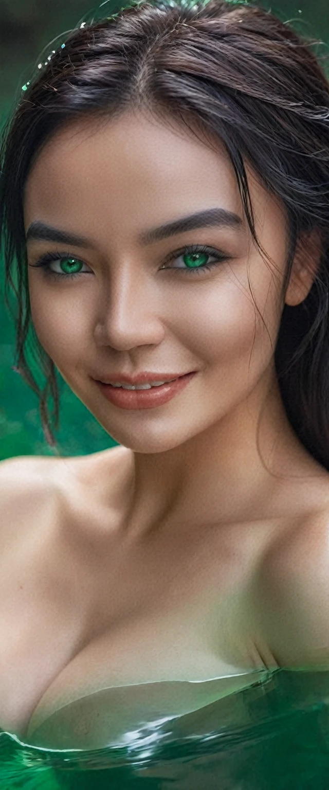 A beautiful woman, her shimmering reflection in the undulating surface of an emerald lake, captured in realistic, detailed portraits, the gentle curve of her smile reflected in the water, she said, her eyes sparkling like diamonds.