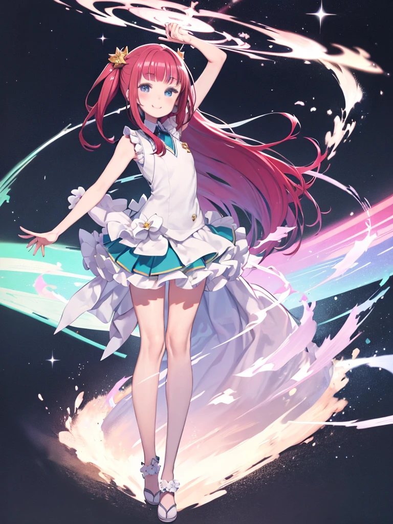 Girl in a dream。I have long colorful hair。Wearing white clothes。It's a rock band。I'm singing a song。Notes flying around。It is an illustration of the highest quality。It is a beautiful illustration。Very colorful。