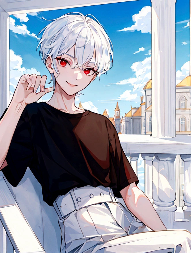 (masterpiece, Highest quality:1.2), (Ultra detailed face), (Very beautiful face), whole body, alone, Tall Boy, be patient, Male Focus, One boy, smile, View your viewers, White Hair, Red eyes, Clear eyes, Beautiful Eyes, Beautiful attention to detail, Long eyelashes, Black T-shirt, Short sleeve, Black trousers, Beautiful blue sky, Summer sky, Dynamic Angle Information