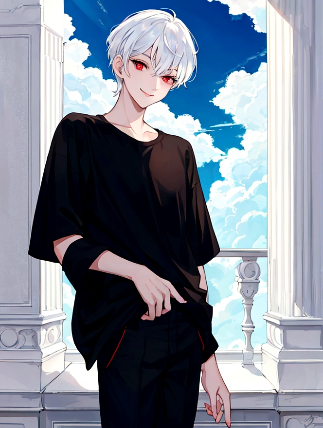 (masterpiece, Highest quality:1.2), (Ultra detailed face), (Very beautiful face), whole body, alone, Tall Boy, be patient, Male Focus, One boy, smile, View your viewers, White Hair, Red eyes, Clear eyes, Beautiful Eyes, Beautiful attention to detail, Long eyelashes, Black T-shirt, Short sleeve, Black trousers, Beautiful blue sky, Summer sky, Dynamic Angle Information