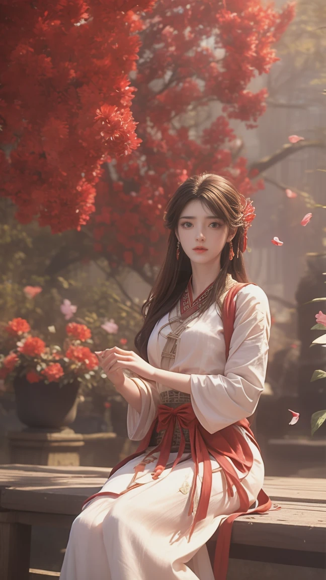 A beautiful woman with perfect curves wearing a long dress that gently flutters in the air,The beautiful woman was sitting in a sea of beautiful flowers surrounding her, the girl holding a traditional Chinese umbrella , her flexible body increasing with every movement, So enchanting, the dim candlelight, the glowing butterflies fighting the darkness of the night, the light of the moon, The night wind blowing the curtains, the pink flower petals , flower petals flying around the room, Chinese dancing, This woman is so beautiful that she attracts everyone who watches her, ancient China, imperial empress