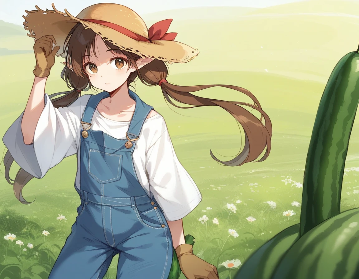 BREAK Perfect Anatomy、(High resolution:1.2)、Incredible illustrations、(Cute illustrations:1.2)、()
(cinematic angle,solo focus,) (Beautiful background(vegetable field),
1girl(brown hair,twin tails) a girl,elf 1.7meters, 45kg,flat chest,
(straw hat,towel around neck,denim overalls,,oversized long sleeve shirt,work gloves)
A girl harvesting cucumbers from a cucumber field