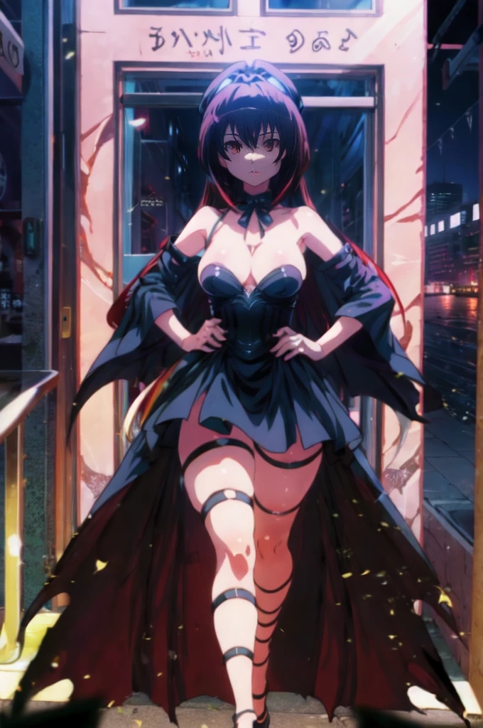 nsfw,Yami the Golden Darkness wearing black battle dress with silver accents, hands on hips, staring at another person, messy long yellow hair, cute red eyes, amazing beauty and incredible presence, dynamic pose, delicate face, beautiful red eyes, confident facial expression, 8k high detail, very detailed, anatomically correct, digital painting, concept art, Shinkai Makoto art style, clear picture, city, full-body portrait, masterpiece, super fine photo, best quality, 8K super high resolution, 2D anime