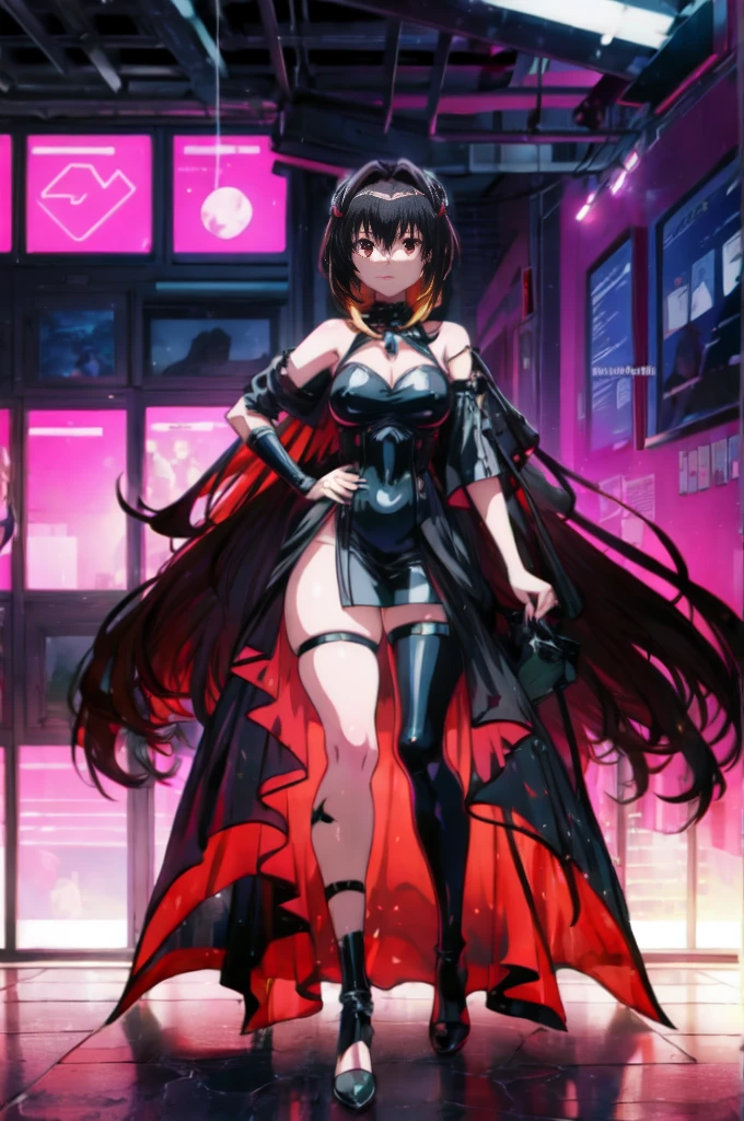 anime character in red dress standing, modern cyberpunk anime, katanas strapped to her back, red dress, black and purple mixed color hair, long hair, Purple eyes, black lips, bare leg, black boots