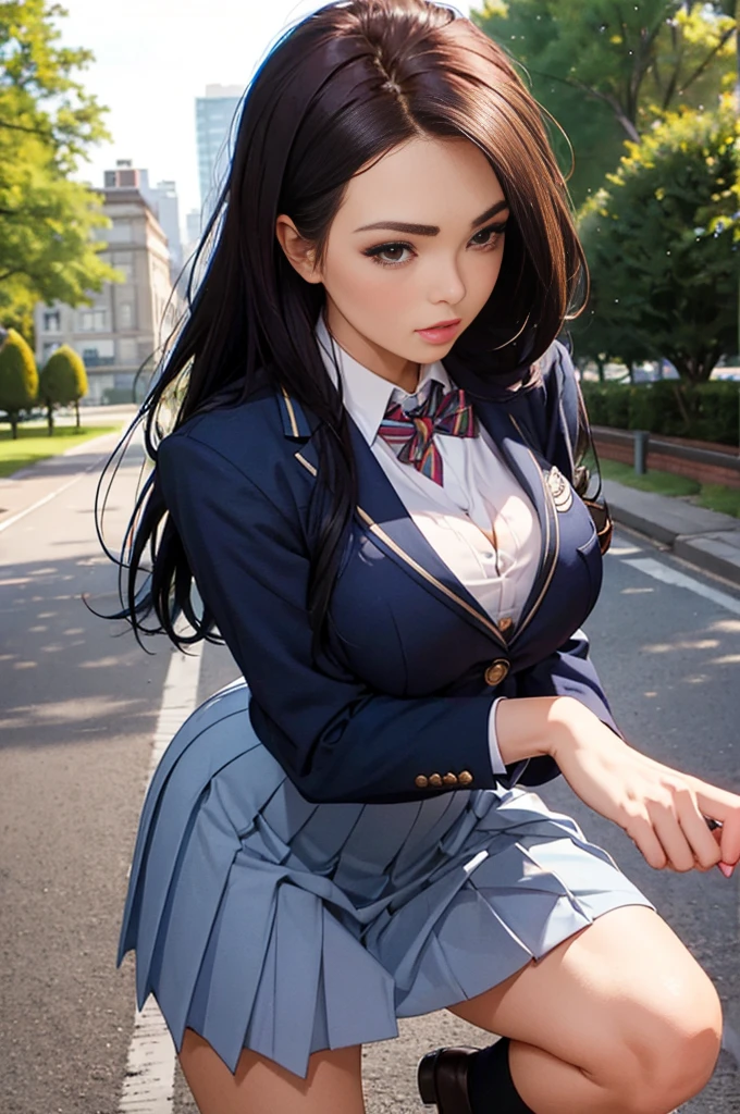 ((best quality)), ((masterpiece)), (detailed), school blazer, private school girl, charley.atwell, city park, cleavage