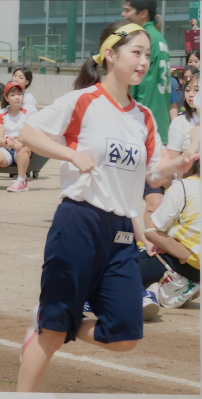 Big breasts, real girl,Short sleeves,Navy colored shorts,full body, classroom, beautiful face, cute face, ponytail