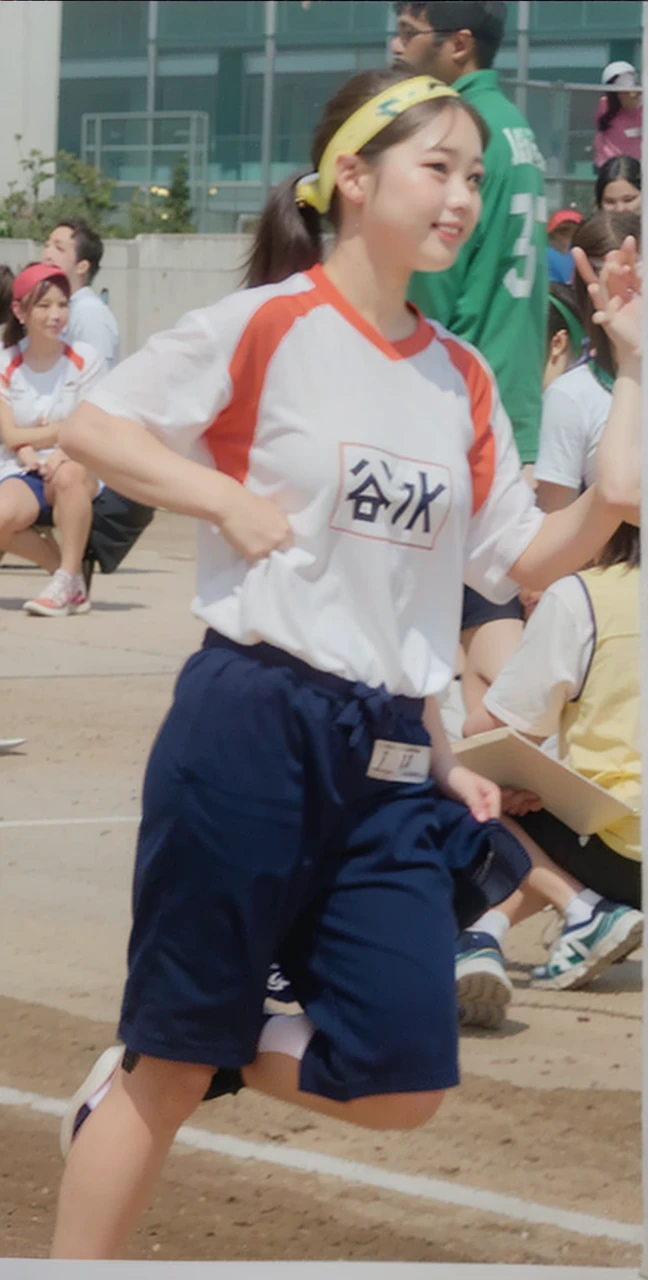 Big breasts, real girl,Short sleeves,Navy colored shorts,full body, classroom, beautiful face, cute face, ponytail
