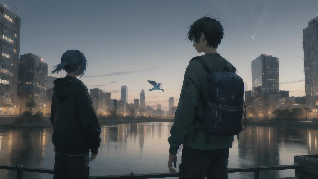 真っ暗なnight空,Octane, star (null), scenery, Blue parakeet,The acoustic guitar is in front of the body.,star, night, A girl and a boy standing back to back, Back view, alone, Outdoor, city,river,Blue parakeet,building, cloud, 天のriver,silhouette