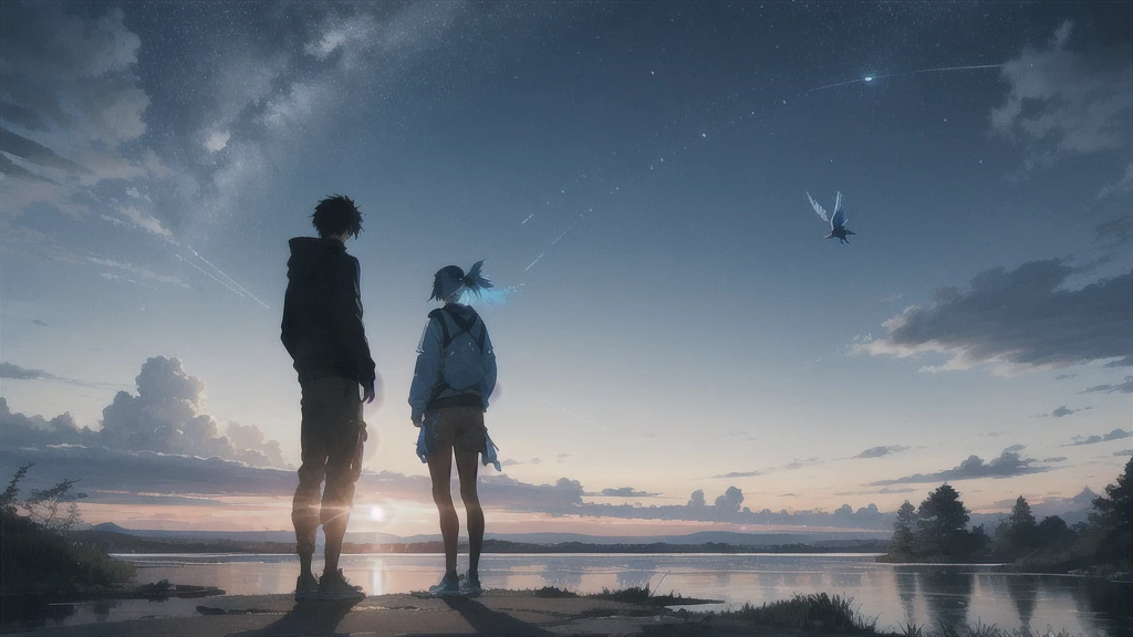 真っ暗なnight空,Octane, star (null), scenery, Blue parakeet,The acoustic guitar is in front of the body.,star, night, A girl and a boy standing back to back, Back view, alone, Outdoor, city,river,Blue parakeet,building, cloud, 天のriver,silhouette