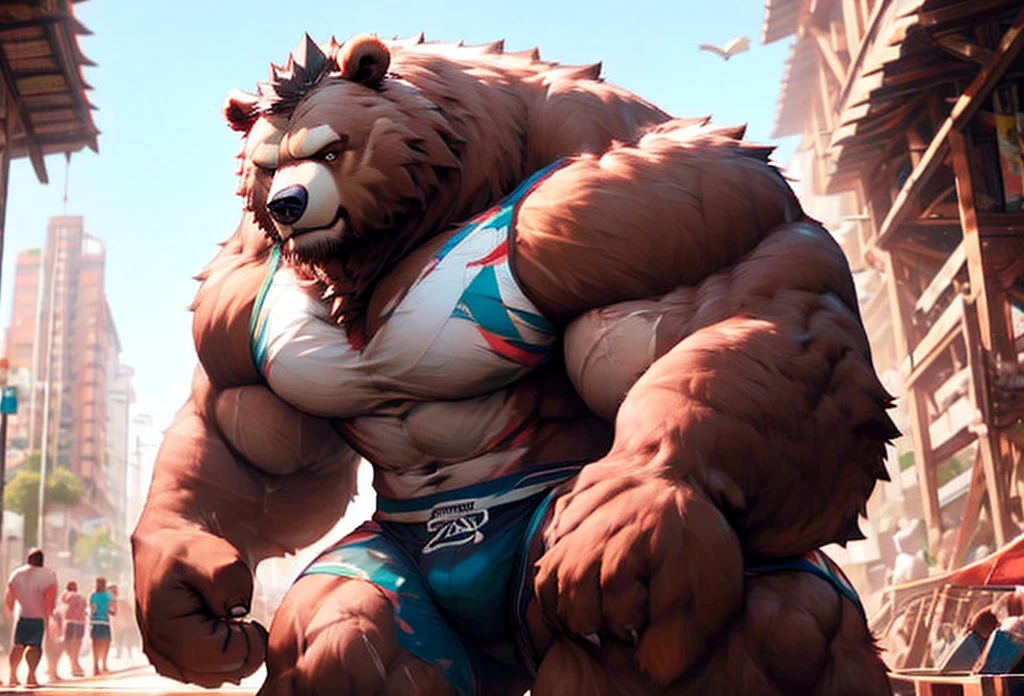 Best quality, masterpiece, ultra high res,detailed gym background,realistic,illustration,solo, 1 guy,size growth,giantic,Bodybuilding,bear,furry,muscular male,exaggeratedly muscular, gym shorts, ripped body, ripped quads,muscular,volumetric lighting,depth of motivation