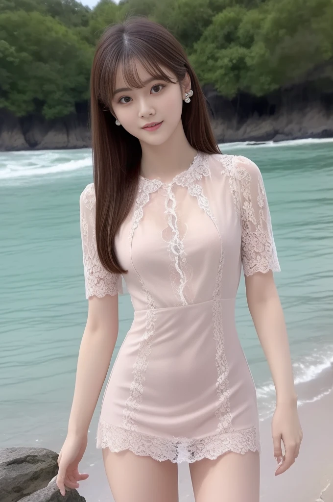 (Surreal), (figure), (High resolution), (8K), (Very detailed), (best figure), (Beautiful attention to detail), (Highest quality), (Ultra-detailed), (masterpiece), (wallpaper), (Detailed face), alone, (Dynamic pose:1.3), 1 Girl, (whole body), (See-through summer mini dress trimmed with lace:1.3), (upturned chest with tension:1.2), (Blush 1.2), (Straight cut blunt bangs), (Long hair cascading behind both ears), Long legs, Tighten your abdominal muscles, (little finger), (No pants), (Very good), (At the beach), (Dynamic Shot:1.5)
