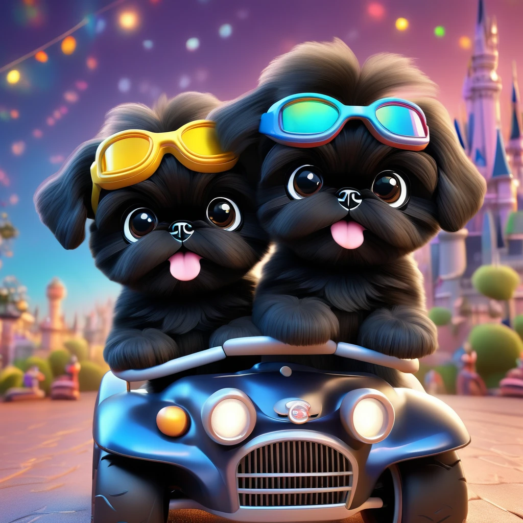 2 Adorable small black Shih Tzu puppies wearing bright goggles riding four wheelers Disney background 3d cartoon 3d render disney pixar style